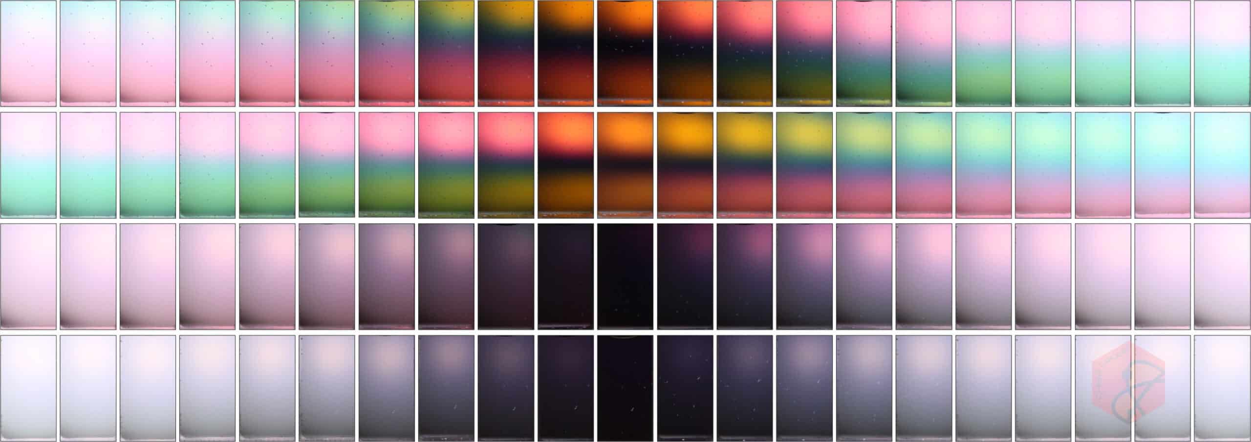 عکس‌ها رنگ‌های پر جنب و جوشی را نشان می‌دهند که با پراکندگی نانوذرات مغناطیسی در معرض میدان‌های مغناطیسی با توزیع‌های کایرال متفاوت، همانطور که از طریق لنزهای پلاریزه مشاهده می‌شوند، به نمایش گذاشته می‌شوند. منبع: آزمایشگاه یین، UC Riverside.